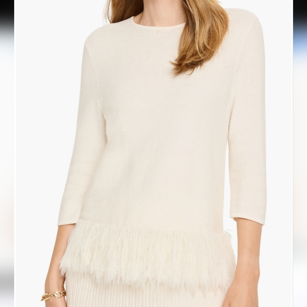 Nic + Zoe Womens Classic Cream Feather Fringe Sweater sz M